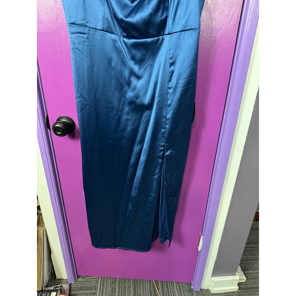 NWT Lulus XL Teal Blue Satin Cowl Neck Midi Dress Side Slit Wedding Guest - Picture 4 of 10